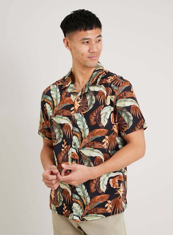 Brown Leaf Print Hawaiian Regular Fit Shirt - XXXL